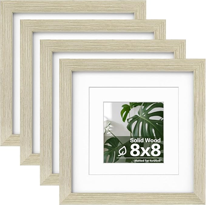 Egofine 8x8 Picture Frame 4PCS, Made of Solid Wood Covered by Plexiglass Display 4x4/6x6 with Mat or 8x8 without Mat, for Table Top Display and Wall Mounting Photo Frame, Distressed Wood Grain
