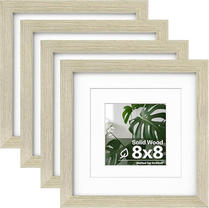 Egofine 8x8 Picture Frame 4PCS, Made of Solid Wood Covered by Plexiglass Display 4x4/6x6 with Mat or 8x8 without Mat, for Table Top Display and Wall Mounting Photo Frame, Distressed Wood Grain