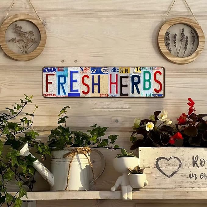 Fresh Herbs Metal Sign Country Farmhouse Home Gardener Tin Sign License Plate Design Street Signs Home Wall Decor 16" x 4"