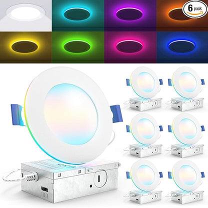 Sunco 4 Inch 6 Pack Smart Ultra Thin LED Recessed Ceiling Lights with Night Light, Tunable CCT 2700K to 5000K, Dimmable, 11W, Smooth Trim, Canless with Junction Box.