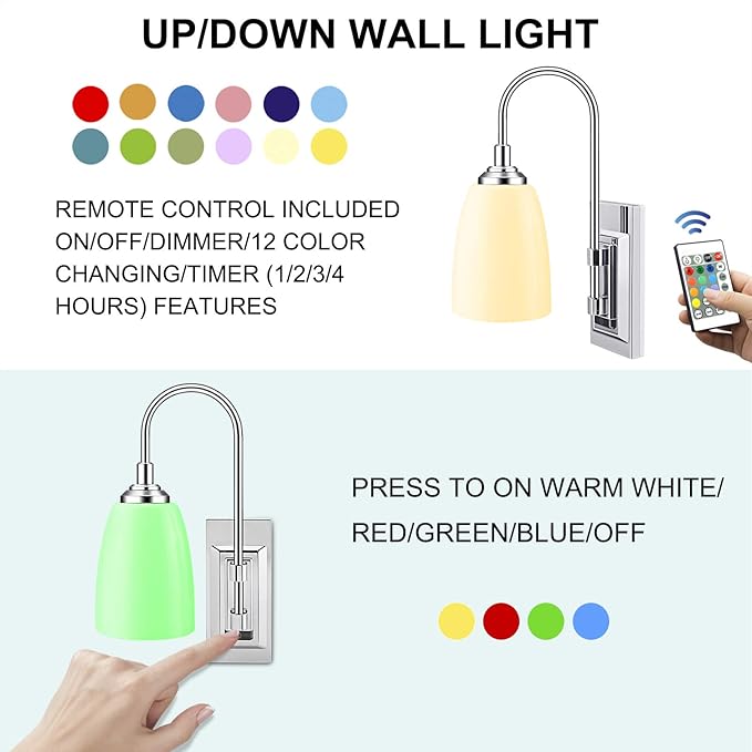 LUXSWAY 12 Colors Changing Wall Lamp, Dimmable Up Down Wall Sconce Night Light, Over Bed Headboard Light for Bedroom Hallway Home Decor- 2Pack