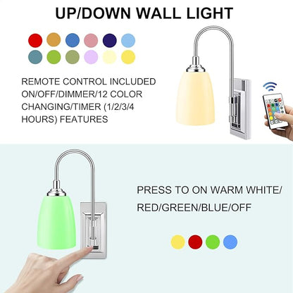 LUXSWAY 12 Colors Changing Wall Lamp, Dimmable Up Down Wall Sconce Night Light, Over Bed Headboard Light for Bedroom Hallway Home Decor- 2Pack