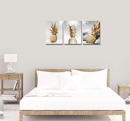 TTHYUEWS Canvas Wall Art for bar kitchen Living Room Office Bathroom home decoration Board Black and white Beach scenery golden Pineapple pictures Artwork restaurant Wall Decor Ready to Hang