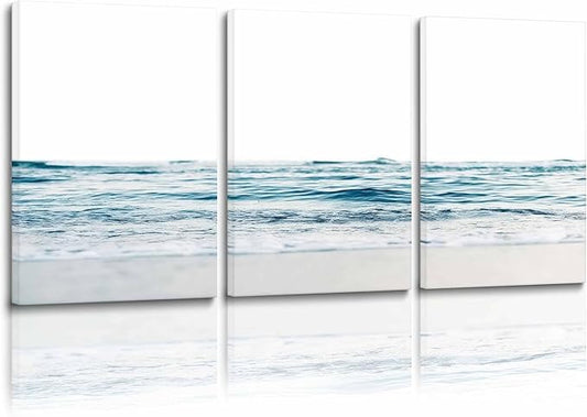 KESAIFEI 3 Piece Blue Waves Canvas Wall Art Set for Living Room Blue Wall Art, Beach Art Coastal Wave Paintings Wall Decor for Living Room, Bedroom, Bathroom, Office Ready to Hang 12x16 Inches.
