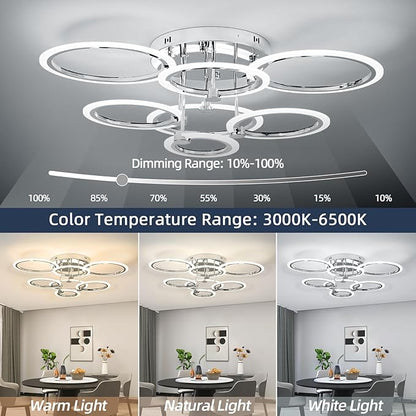 7-Ring Modern LED Flush Mount Ceiling Light - 31.8" Dimmable Close-to-Ceiling Fixture with Remote Control, 130W 3000K-6500K Adjustable Color Temperature for Bedroom, Living Room (Chrome)