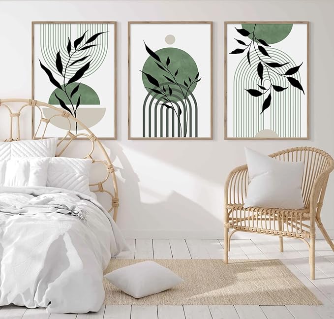 Mid Century Modern Wall Art Set of 3 Sage Green Canvas Wall Art Boho Prints Green Wall Decor Black Beige Abstract Wall Art Picture Mid Century Painting for Living Room Bedroom 16x24 Inch UNFRAMED