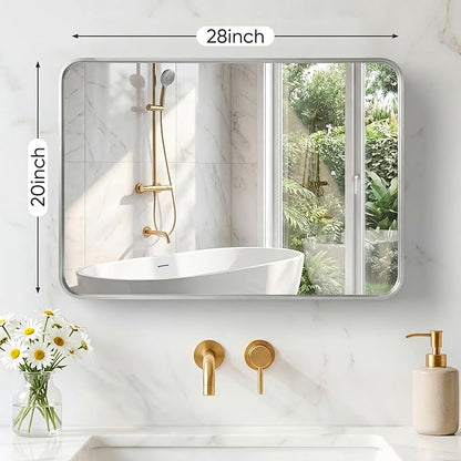 NEWBULIG 20X28 Inch Bathroom Mirror for Over Sink, Wall Vanity Mirrors Tempered Glass, Anti-Rust Metal Framed Rounded Rectangle, Hangs Horizontally or Vertically, Farmhouse Home Decor, Silvery