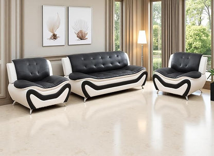 Living Room Furniture Sets, Black&White Leather Couches, Living Room Sofa Couch Set, Sofa and 2 Chairs for Bedroom, Apartment