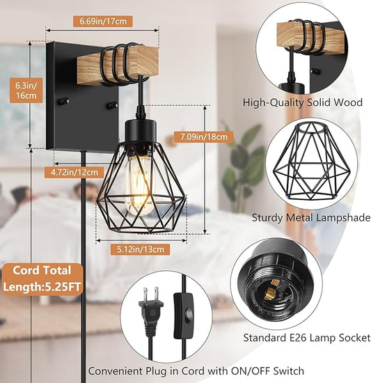 Lomoky Plug in Wall Sconces Set of Two, Vintage Wood Wall Lamps with Plug in Cord, Farmhouse Wall Light Fixture with 5.25FT On/Off Switch Cord, Indoor Sconces Lighting for Bedroom Living Room