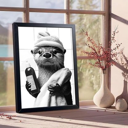 ARKZSHO Black and White Bathroom Wall Art, Funny Otter Is Getting Ready Bath Canvas Print Picture, Modern Farmhouse Wall Decor Painting, Cute Animal Bathroom Restroom Home Decoration 16x24 Inch Wood Framed