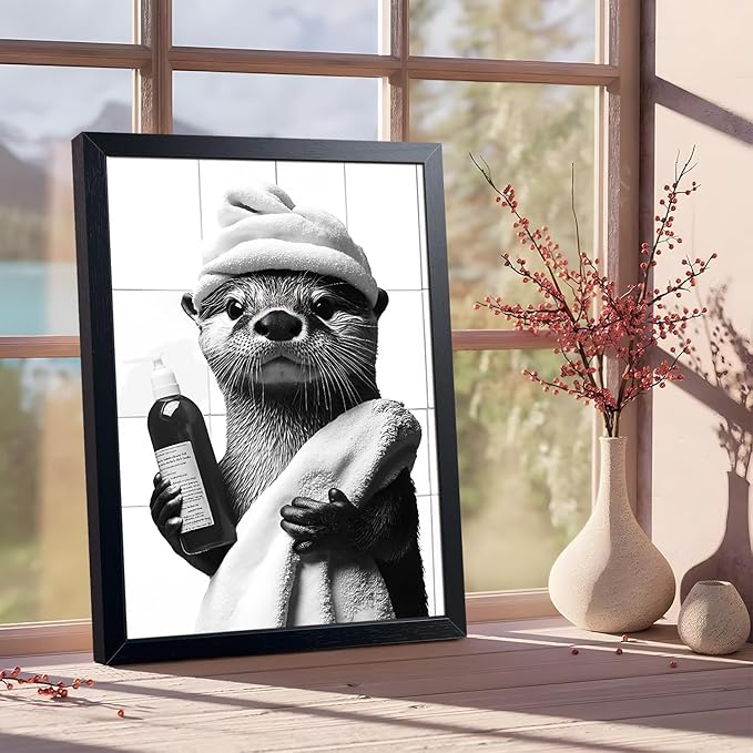 ARKZSHO Black and White Bathroom Wall Art, Funny Otter Is Getting Ready Bath Canvas Print Picture, Modern Farmhouse Wall Decor Painting, Cute Animal Bathroom Restroom Home Decoration 12x16 Inch Wood Framed
