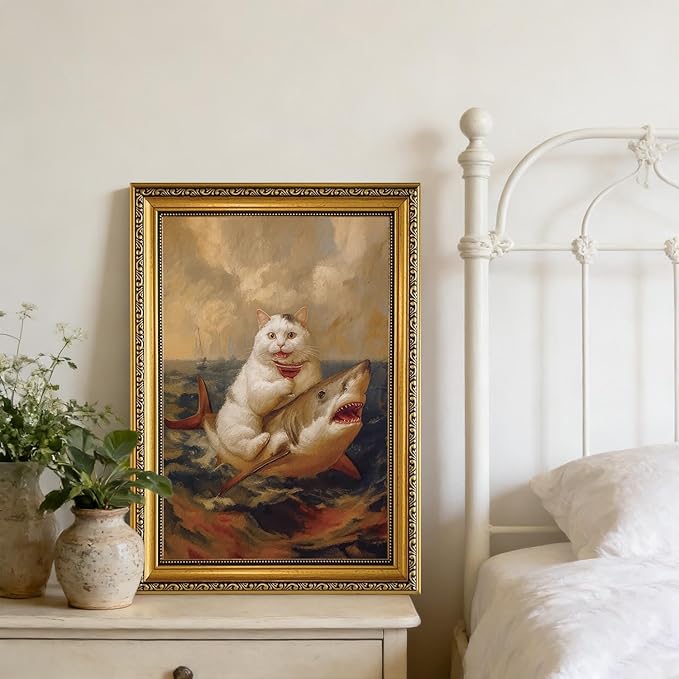YD&YZY Gold Framed Funny Cat Bathroom Wall Art Canvas Vintage Quirky Humor Wall Decor Cat Riding Shark Martini Painting Picture Print Artwork for Bedroom Living Room Bathroom 16x24 inch Framed