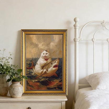 YD&YZY Gold Framed Funny Cat Bathroom Wall Art Canvas Vintage Quirky Humor Wall Decor Cat Riding Shark Martini Painting Picture Print Artwork for Bedroom Living Room Bathroom 16x24 inch Framed