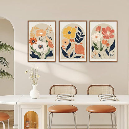 KAIRNE Boho Canvas Wall Art,Abstract Floral Wall Decor,Modern Minimalist Prints Set of 3(24”X36”),Botanical Wall Art Paintings,Bohemian Mid Century Artwork for Living Room Bedroom Office Decor,Framed