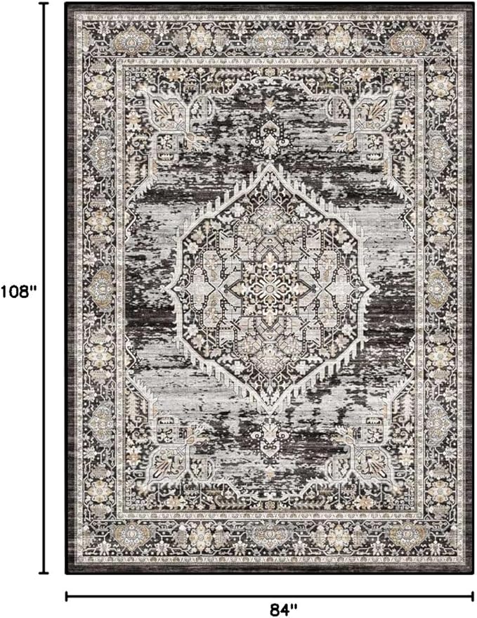 Washable Rugs 7x9 Area Rug：Large Rugs for Living Room - Oriential Distressed Printed Floral Carpet - Non Slip with Rubber Backing Area Rug 7'x9' Black