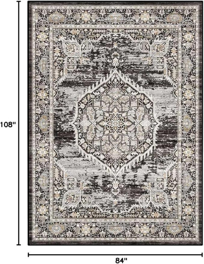 Washable Rugs 7x9 Area Rug：Large Rugs for Living Room - Oriential Distressed Printed Floral Carpet - Non Slip with Rubber Backing Area Rug 7'x9' Black