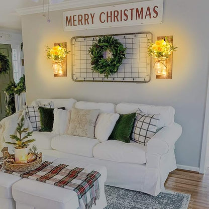 Wall Decor Mason Jar Sconces - Rustic Farmhouse Home Decor with Remote Control Wall Lights and Yellow Rose for Bedroom Wall Decor Living Room Kitchen Decorations Set of Two