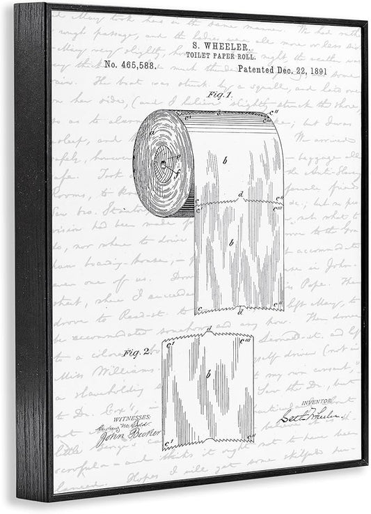 Stupell Industries 'Vintage Toilet Paper Roll Patent', Framed Giclee Art, Black, 11 x 14 Inches, Easy to Hang and Sturdy, Made in USA, by Lettered and Lined