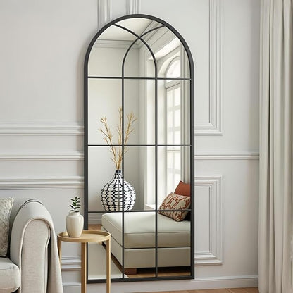 Prywot Full Body Mirror, 65"x22" Arched Window Pane Mirrors for Wall Decor, Black Full Body or Wall Mounted Mirrors, Farmhouse Standing Mirror Hanging or Leaning for Living Room, Entryway, No Stand