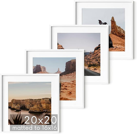 HAUS AND HUES 20x20 White Aluminum Frame Set of 4 - Matted to 16x16, Hanging Hardware, Shatterproof Plexiglass (20x20 in, White)
