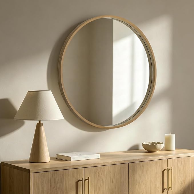 HOMECOOKIN Round Wood Mirror 32 inch Circle Mirror, Rustic Farmhouse Wooden Framed Decorative Wall Decor, Vanity Wall Mirror for Bathroom, Bedroom, Entryway, Living Room (Natural)
