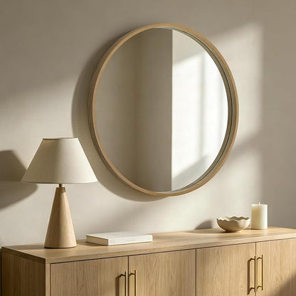 HOMECOOKIN Round Wood Mirror 32 inch Circle Mirror, Rustic Farmhouse Wooden Framed Decorative Wall Decor, Vanity Wall Mirror for Bathroom, Bedroom, Entryway, Living Room (Natural)