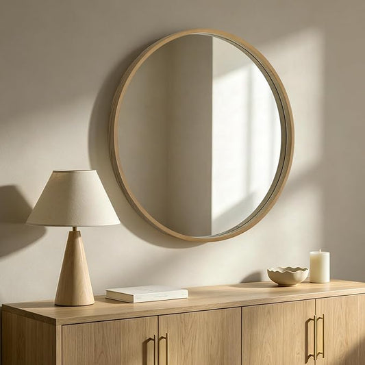 HOMECOOKIN Round Wood Mirror 32 inch Circle Mirror, Rustic Farmhouse Wooden Framed Decorative Wall Decor, Vanity Wall Mirror for Bathroom, Bedroom, Entryway, Living Room (Natural)