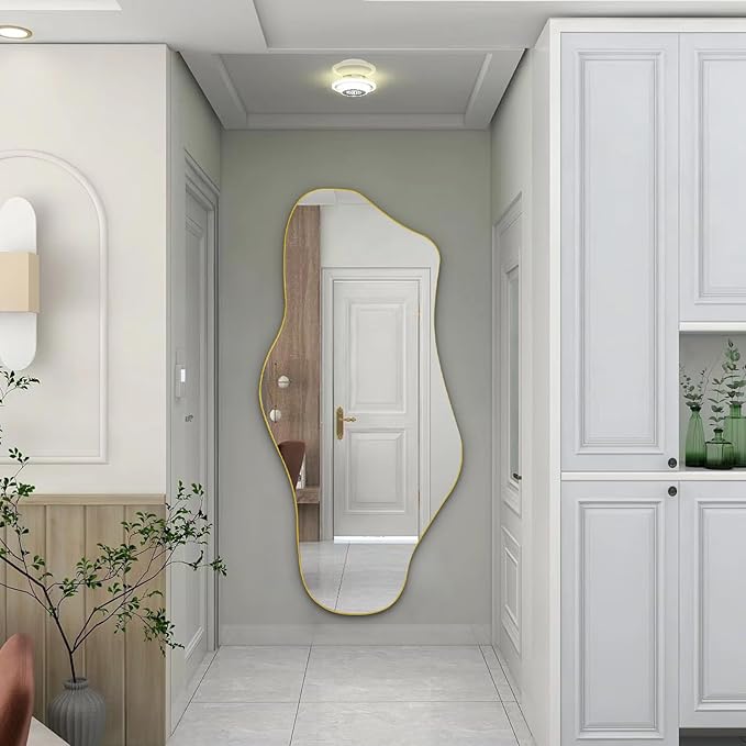 Irregular Mirror Full Length, 63.4"x29" Large Asymmetrical Mirror with Gold Metal Frame, Modern Abstract Wall Mirrors for Living Room Bedroom Entryway, Hangs Vertically or Horizontally