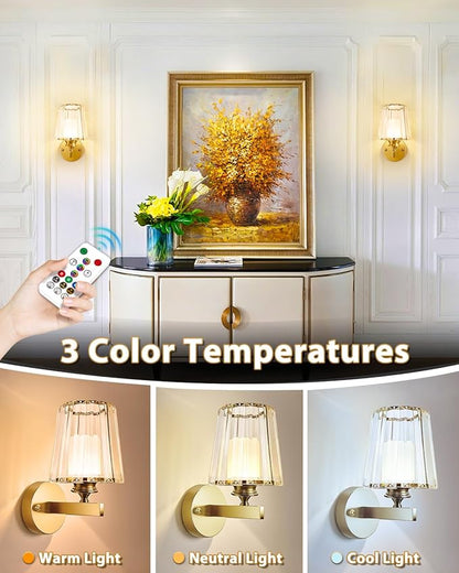 Adetu Crystal Wall Sconces Set of Two, Battery Operated Wall Sconce with 10000mAh Dimmable Magnetic Bulbs and Remote, RGB Rechargeable Wall Lights for Bedroom Living Room Hallway Decor
