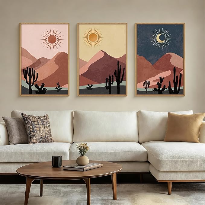 HPNIUB Boho Desert Framed Canvas Wall Art Set, Abstract Sun Moon Art Prints, Modern Cactus Paintings Artwork, Mid Century Southwestern Landscape Wall Decor for Living Room, Bedroom, Office-16 x24 x3