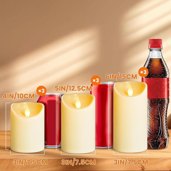 YIWER Plastic Flameless LED Candles,9PCS Battery Operated Candle with Remote Fake Electronic Flickering Light Large Pillar D3”H4”(10.2) 5”6”Durable Use