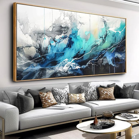 Wall Art Abstract Canvas Painting Teal Blue Modern Artwork for Living Room Bedroom Dining Room Home Office Decor 24"x48" with Framed