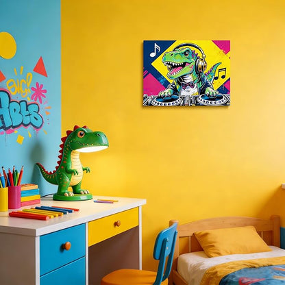 12x16 Pop DJ Dinosaur Canvas Wall Art Prints, Graffiti T-Rex Music Decor with Headphone & Turntable, Colorful Wall Painting for Teen Boy/Kids Bedroom, Child Home Painting Vibrant Hanging Game Poster