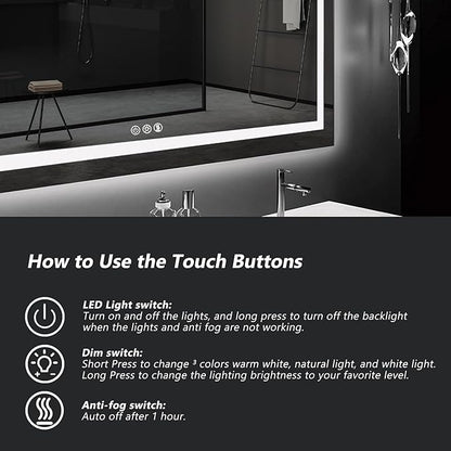 ROOMTEC 42 x 30 Inches LED Bathroom Mirror with Lights, Vanity Mirror with Front and Backlight, Smart Dimmable Anti-Fog LED Mirror for Bathroom, Memory Function, Tempered Glass (Horizontal/Vertical)