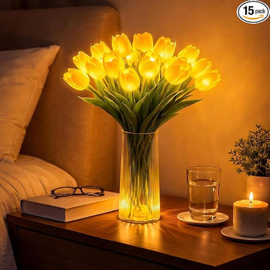 Radiant Romantic Tulip Night Light,15 PCS Twinkling Artificial Flower Shaped Ambient Night Lamp,Women LED Lighted Tulips Tree that Never Fade for Bedroom Bedside Bouquet Decor (Yellow(Without Vase))