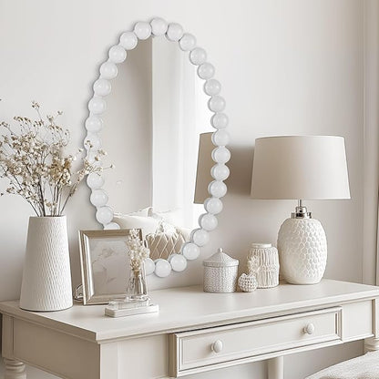 Oval Round Wall Mirror - 30 Inch Decorative Framed Bathroom/Living Room Accent Mirror with Beaded Ball Trim - Vintage Modern Style White Mirror
