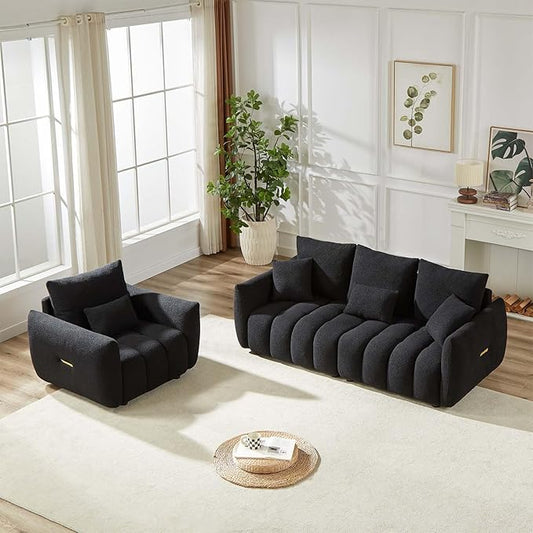 Antetek Teddy Sofa Set for Living Room, Modern Deep Seat Sofa Chair and Oversized 3-Seater Cloud Boucle Couch for Bedroom, Office, Apartment, Furniture Set, Black (2 Piece)