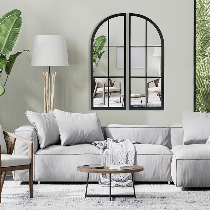 OUSHUAI Black Arched Mirror Set of 2,Window Pane Mirror for Wall Decor,Farmhouse Wall Mounted Mirrors for Entryway,Hallway,Living Room,Fireplace.2-Pack 38"X13.4"