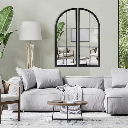 OUSHUAI Black Arched Mirror Set of 2,Window Pane Mirror for Wall Decor,Farmhouse Wall Mounted Mirrors for Entryway,Hallway,Living Room,Fireplace.2-Pack 38"X13.4"