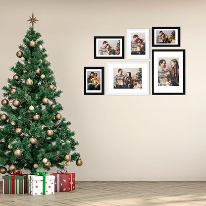 11x14 Picture Frame Set of 6 with Plexiglass, Display Pictures 8x10 with Mat or 11x14 Without Mat for Tabletop Display and Wall Mounting Black