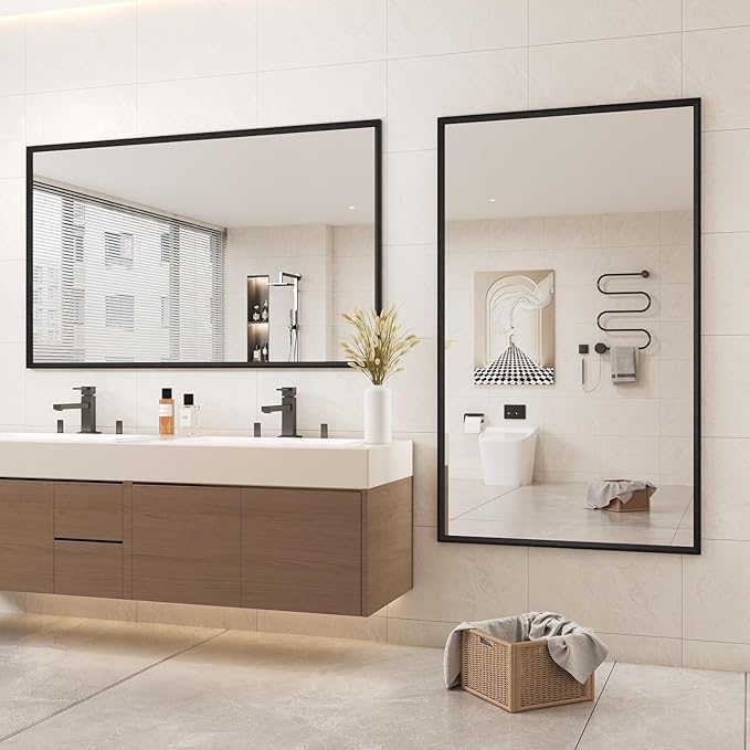 JISOSO Rectangle Bathroom Mirror 60x36 Inch, Matte Black Framed, 4MM Tempered Glass, Anti-Rust, Wall-Mount Vanity Mirror for Bathroom & Bedroom, Hangs Horizontally or Vertically