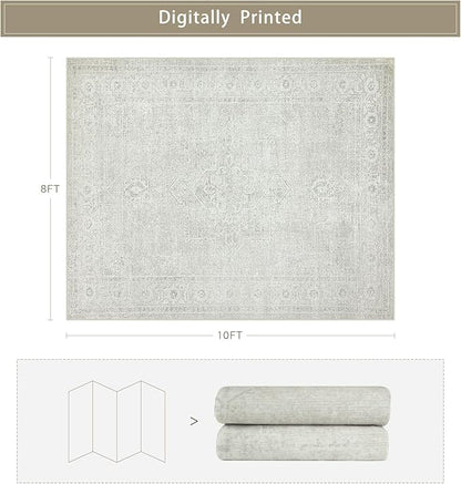 Srugn Washable Rugs 8x10 Area Rugs for Living Room,Bedroom,Dining Room- Large Ultra Soft Faux Wool Retro Carpets,Non Slip&Non-Shedding Low Pile Vintage Carpet for Home Office,Concrete Grey