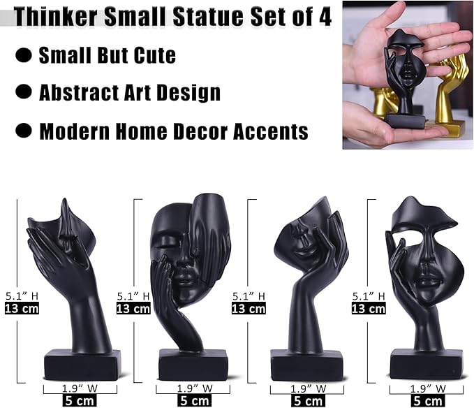 Black Abstract Thinker Figurine Set of 4, Home Art Face Small Statue for Accents Decor Women Bedroom Shelf Bookcase Room Desk, TV Stand, Coffee Table Decor, for Women Art Decor Gifts (Black)
