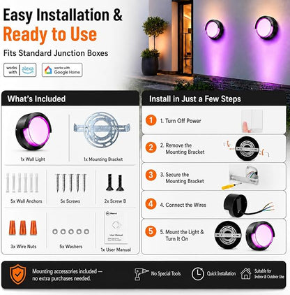 Meevt Smart Outdoor Wall Lights, 1200LM RGBCW Porch Lights, IP65 Waterproof Exterior Wall Sconce, Work with Alexa & Google Assistant, App & Remote Control Wall Lights for Patio, Garage, Round, 1 Pack