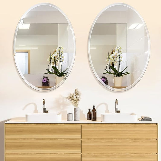 Frameless Oval Bathroom Mirror, 24x36 Inch Beveled Edge Vanity Wall Mirror for Over Sink, Modern Decorative Mirror for Bathroom, Bedroom, Entryway