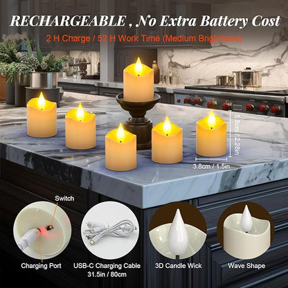 PChero Flameless Candles with Remote Timer, 6 Packs Rechargeable Tea Lights Flickering LED Votive Candles with USB Charging Cable for Christmas Halloween Fall Home Room Decor