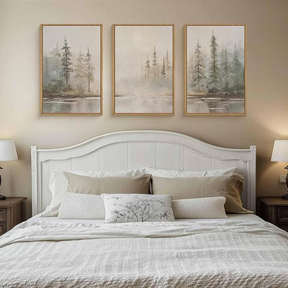 HPNIUB Modern Misty Pine Tree Framed Wall Art Set,Neutral Abstract Landscape Wall Decor,Nature Foggy Forest Art Print,Beige Rustic Farmhouse Artwork for Living Room, Bedroom,Office-16''x24''x3