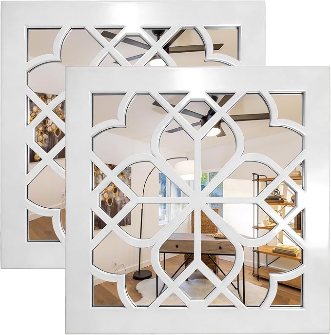 Set of 2 Boho Square Wall Mirrors - Matte White Metal Shatterproof Hanging for Wall Decor, Modern Farmhouse & Rustic Vintage Accent for Living Room, Dining Room, Bathroom & Entryway