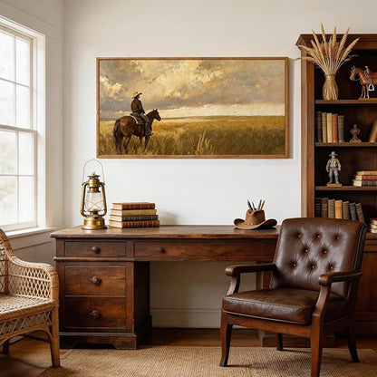 Aurlan Western Cowboy Framed Wall Art(40"x20"), Vintage Neutral Southwestern Horse Riding Canvas Artwork, Mid Century Modern Ranch Gobi Desert Landscape Decor for Man Cave Bedroom