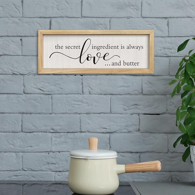comurdyo Kitchen Wall Decor Simple The Secret Ingredient Is Always Love and Butter Sign 16"×6" Small Modern Farmhouse Dining Room Family Horizontal Hanging Wall Art (Wood)
